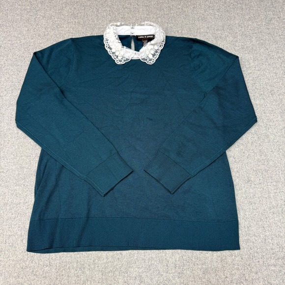 Cable & Gauge Sweaters - Cable & Gauge Sweater XL Teal Green Lace Peter Pan Collar Keyhole Back Knit Top